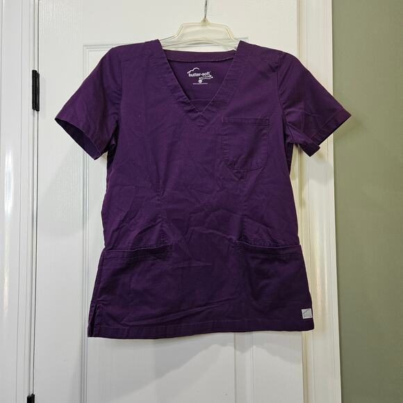 Butter-Soft STRETCH Women's Extra Small Eggplant 3-Pocket Welt V-Neck Scrub Top - Picture 1 of 5